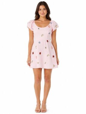 Fanm Mon Pink Embroidered Puff Sleeve Mini Dress Size L NWT